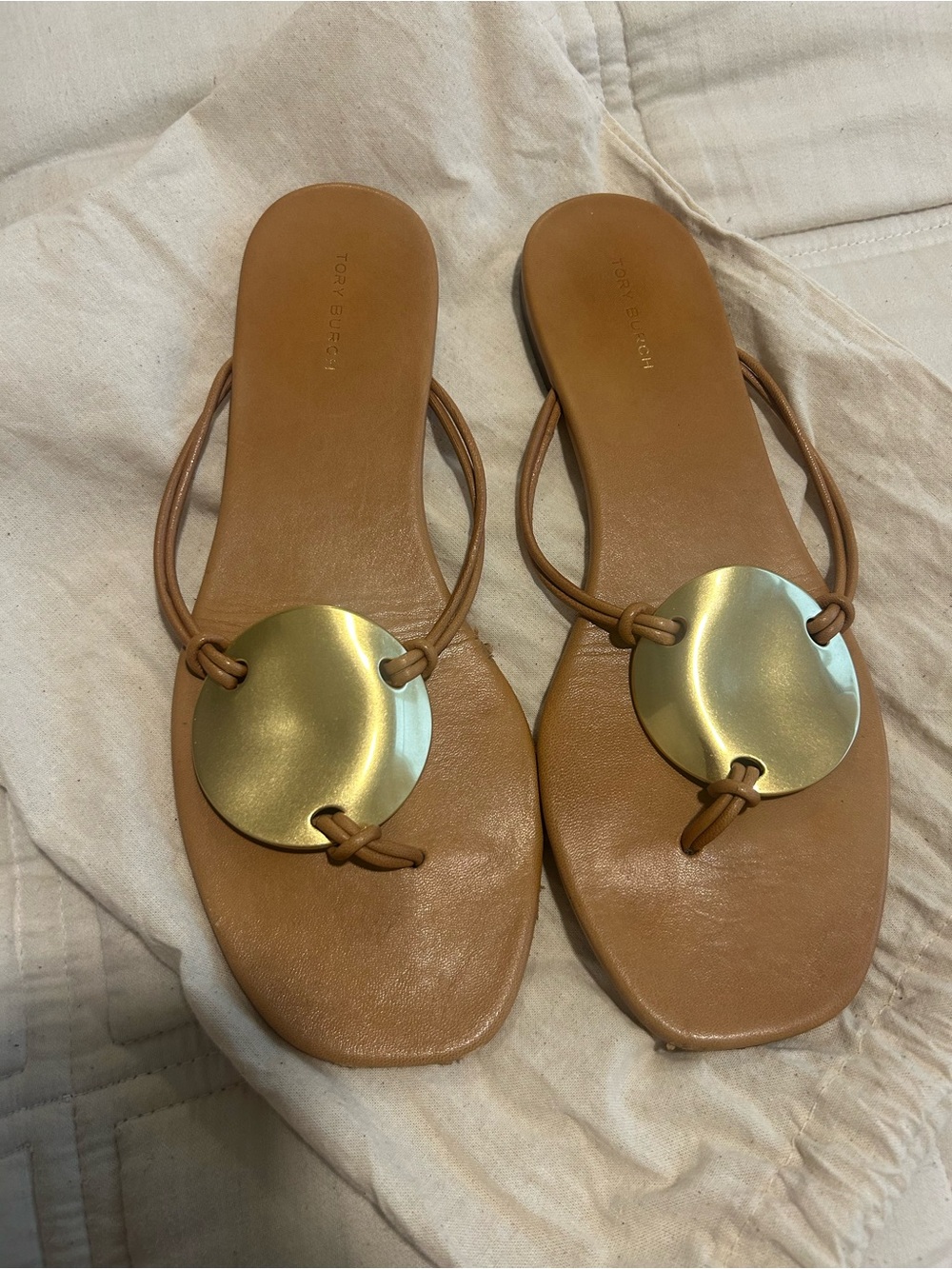 Tory Burch Cognac Leather Slide Sandals with Gold Disc